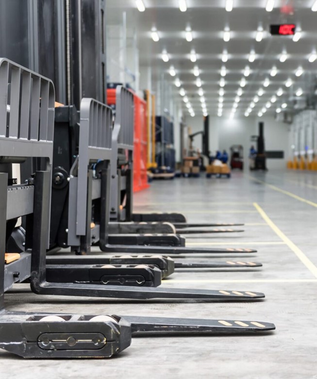 Line of forklifts in a warehouse in Tennessee